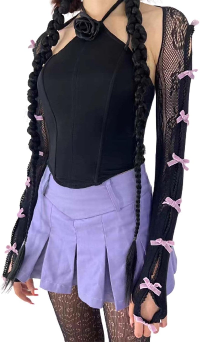 Sumleno Women's Mesh Lace Shrug Crop Top Y2K Aesthetic Arm Sleeves Cardigan with Bow Grunge Cute Fairycore Accessories - Image 1